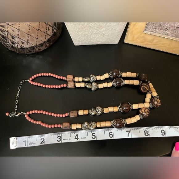 Vintage Silver Brown beaded Necklace Adjustable Closure Bohemian - Picture 2 of 12